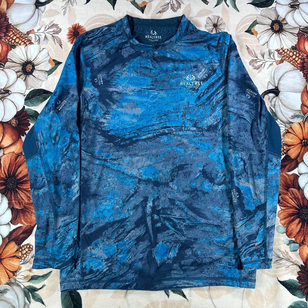 Realtree Fishing Mens Aspect Camo Long Sleeve Performance Shirt Blue Size Medium